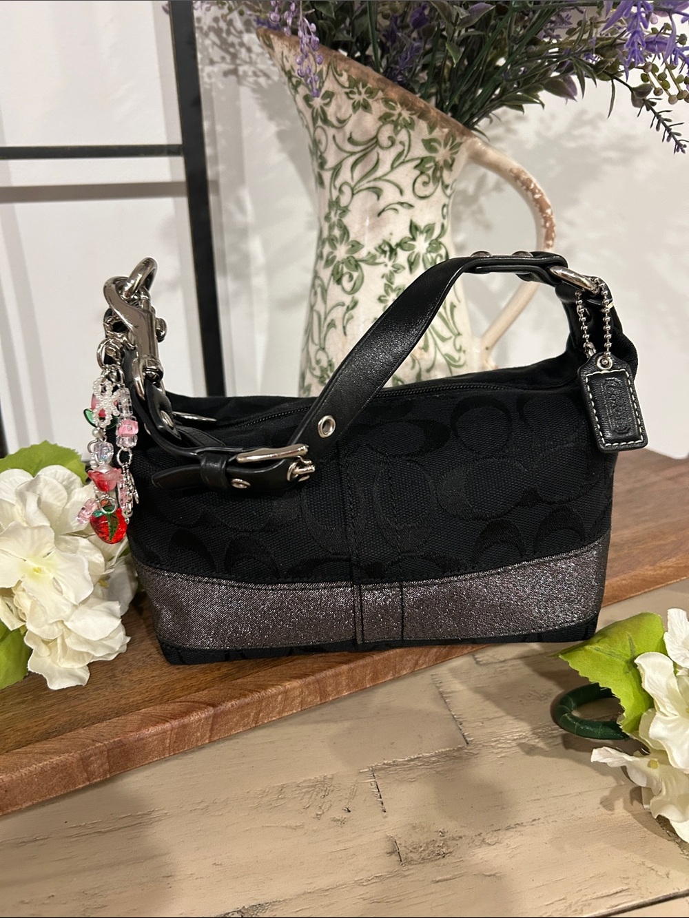 Coach Black Signature Shoulder Bag with Glitter Silver Trim